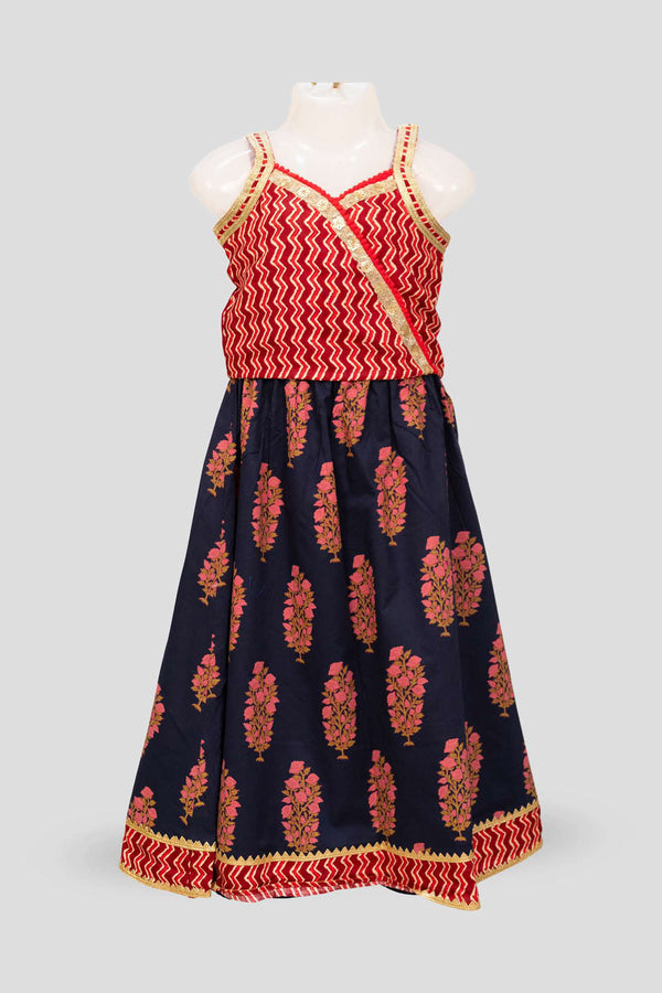 Twisha Girls Frill Sleeveless Cotton zigzag Top with Lehenga-Red & NavyBlue