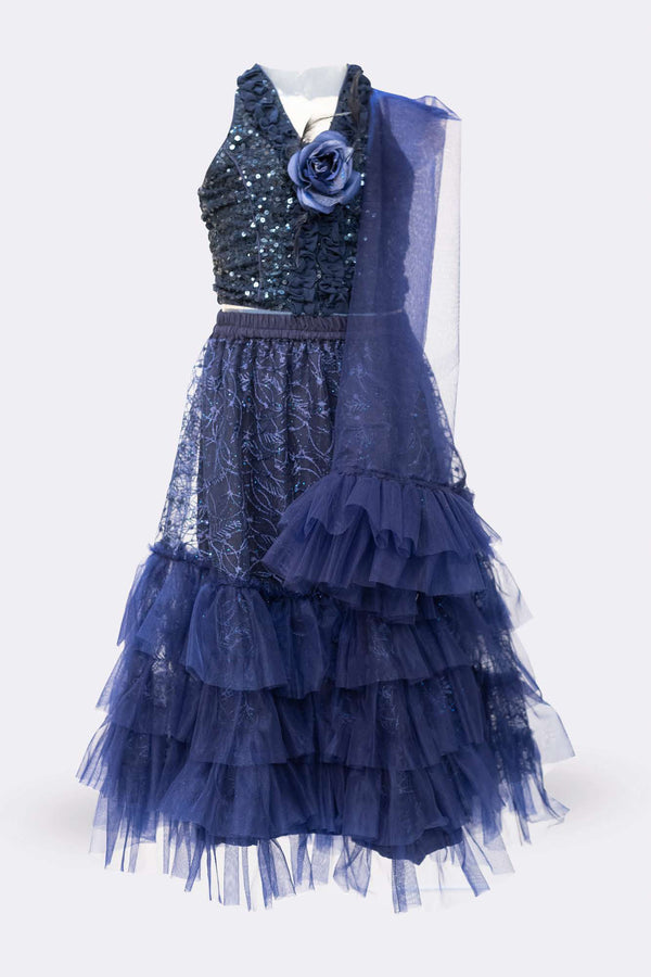 Twisha Girls Frill Halter Neck Top with Frilled Lehenga-Navy Blue