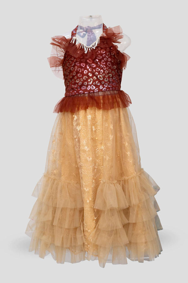 Twisha Girls Halter Frilled Top with  Layered Lehenga-Brown & Biege