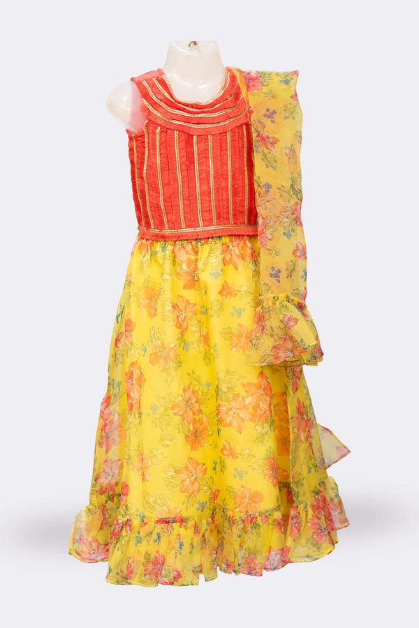 Twisha Girls Round Neck sleeveless Top with Lehenga-Coral & Yellow