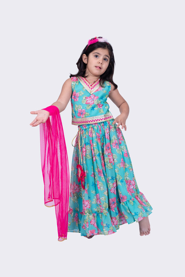 Twisha Girls Sleeveless Floral Printed V Neck Back Open Ghaghra Choli - Sea Green