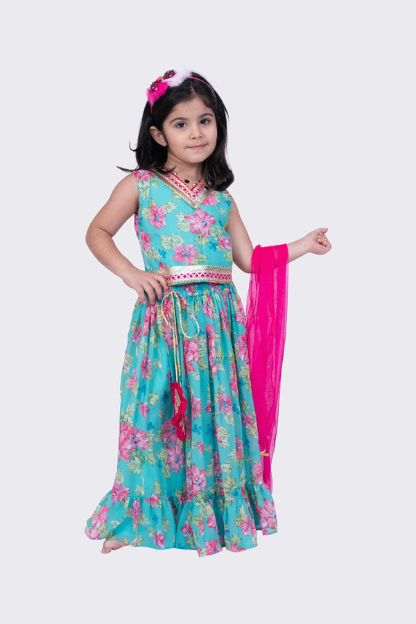 Twisha Girl's Sleeveless Floral Printed V Neck Back Open Ghagra Choli - Sea Green