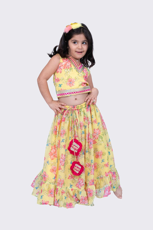 Twisha Girl's Sleeveless Floral Printed V Neck Back Open Ghagra Choli - Yellow