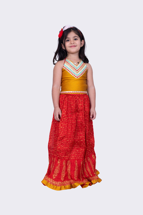 Twisha Girls Halter Neck Jaquard Top and Art Silk Crushed Ghaghra -Mustard & Red
