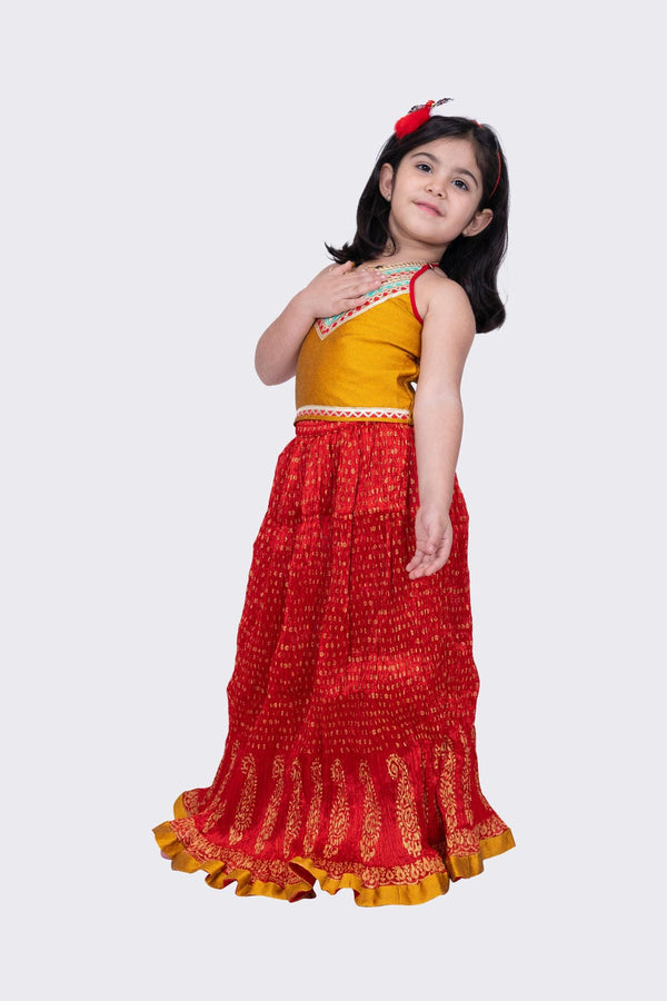 Twisha Girl's Halter Neck Jaquard Top and Art Silk Crushed Ghagra -Mustard & Red