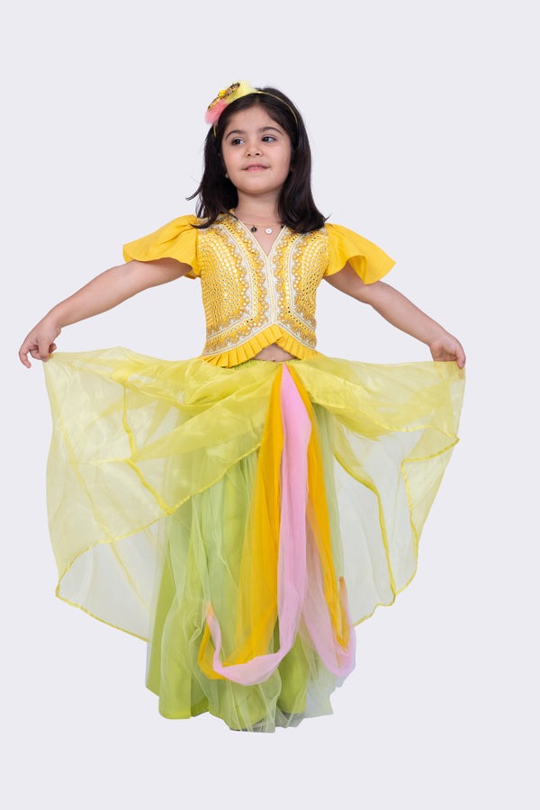 Twisha Girls Frilled Sleeves Mirror Embellished Top and Draped Ghaghra- Mustar & Lime Green