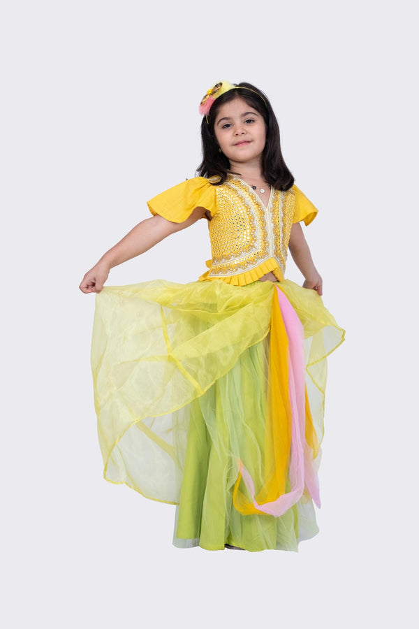 Twisha Girl's Frilled Sleeves Mirror Embellished Top and Draped Ghagra- Mustar & Lime Green