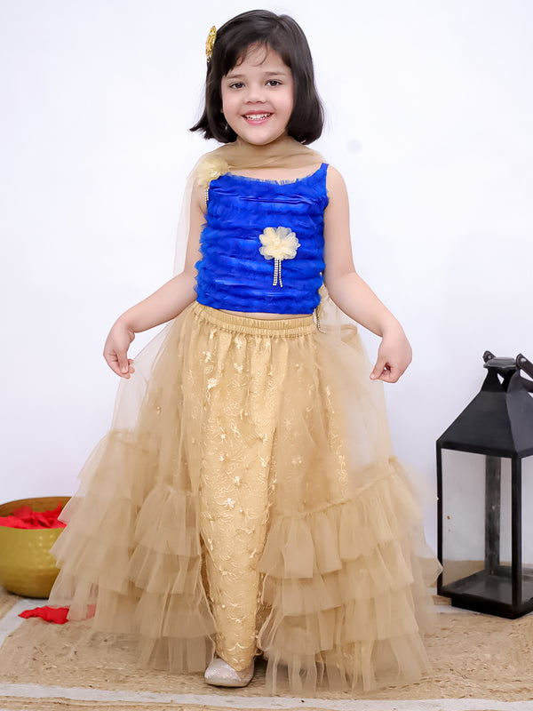 Twisha Girls Sleeveless Floral Applique Ruffle Top &  Embellished Chania With Dupatta Set -Blue & Beige