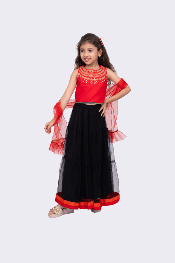 Twisha Girls Sleeveless Embroidered Round Neck Choli With Lehenga-Red & Black