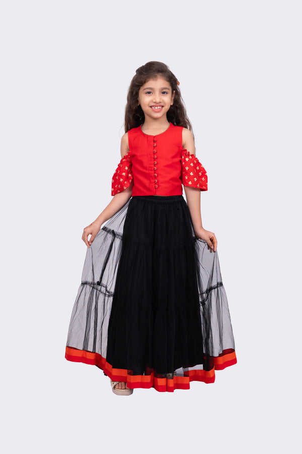 Twisha Girls Sleeveless Round Neck Cold Shoulder Choli With Lehenga-Red & Black