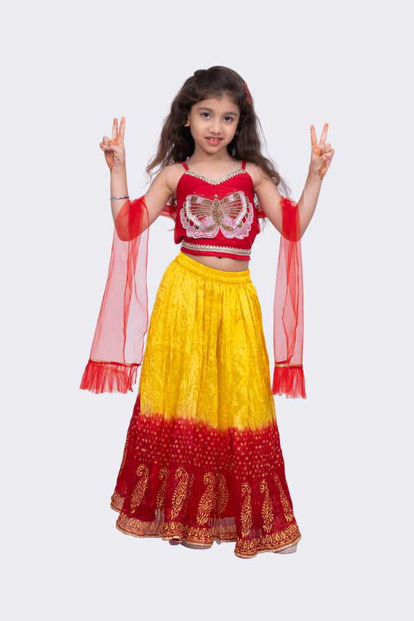 Twisha Girls Woven Sleeveless  Placement  Embroidered  Top & Tie Dye Lehenga With Dupatta-Red & Yellow