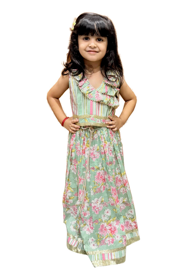 Twisha Girls Cotton Sleeveless All Over Prined Top with Lehenga - Olive Green & Pink