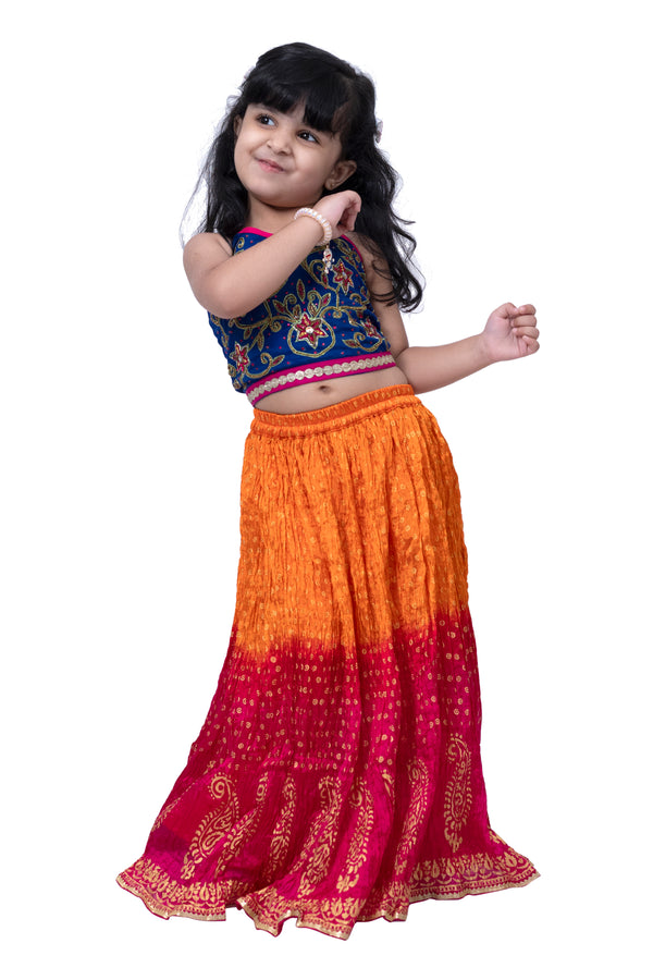 Twisha Girls Sleeveless Embroidered Top with Crushed Lehenga -Blue & Orange