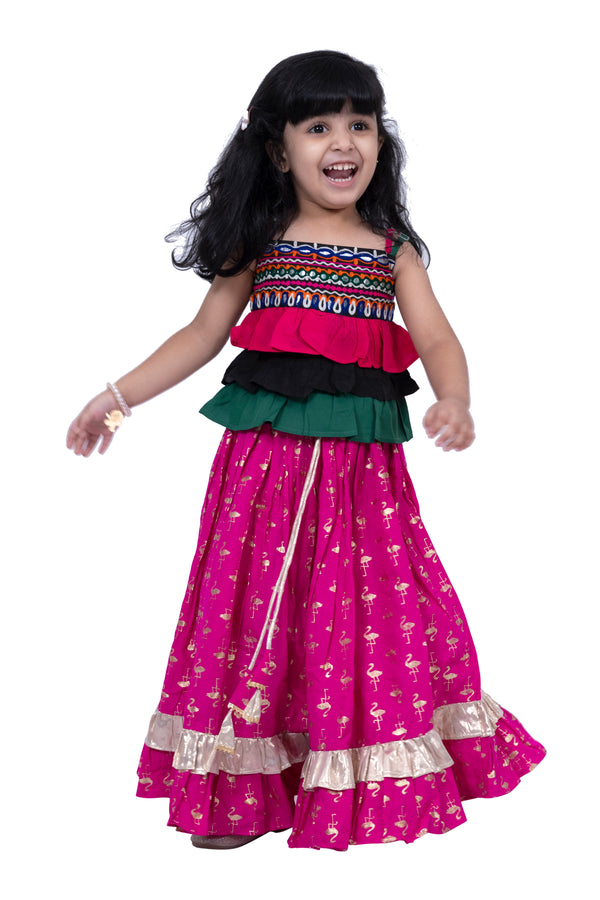Twisha Girls Sleeveless Embroidered Top with Lehenga -Black & Pink