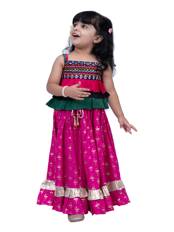 Twisha Girls Sleeveless Embroidered Top with Lehenga -Black & Pink