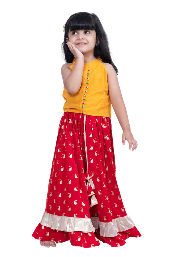 Twisha Girls Sleevless Solid Top With Printed Lehenga  - Yellow & Red