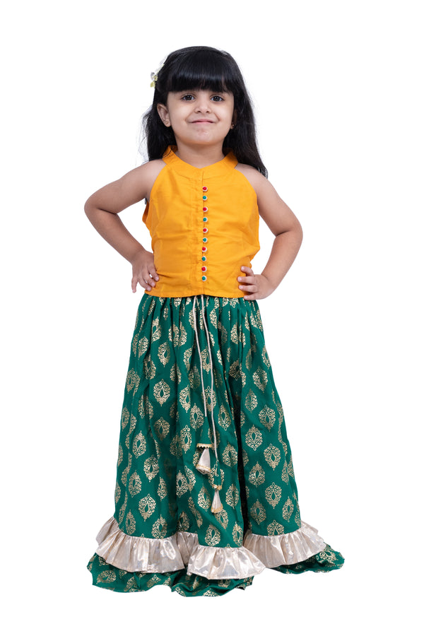 Twisha Girls Sleevless Solid Top With Printed Lehenga  - Yellow & Green