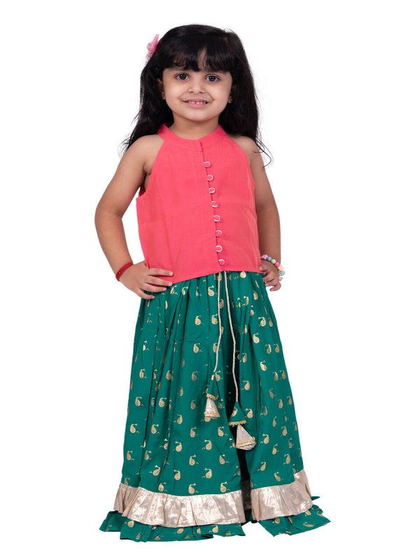 Twisha Girls Chanderi Sleeveless Solid Top & Printed Lehenga-Coral & Green