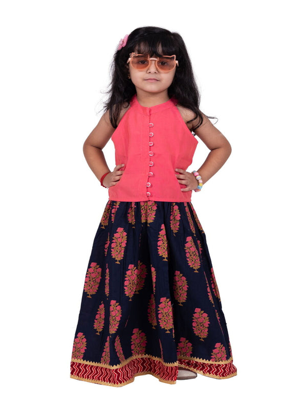 Twisha Girls Chanderi Sleeveless Solid Top & Kalamkari Print Lehenga-Coral &Blue