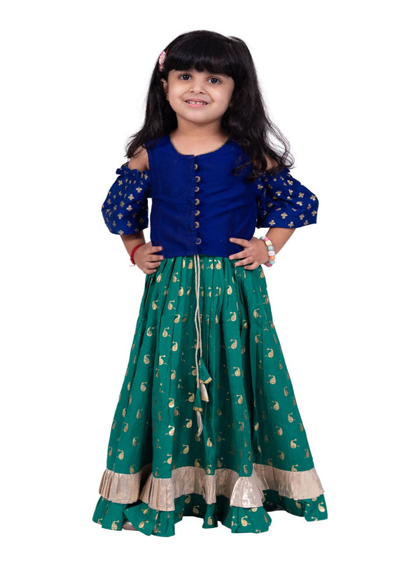 Twisha Girls Half Sleeves All Over Printed Top & Lehenga-Blue & Green
