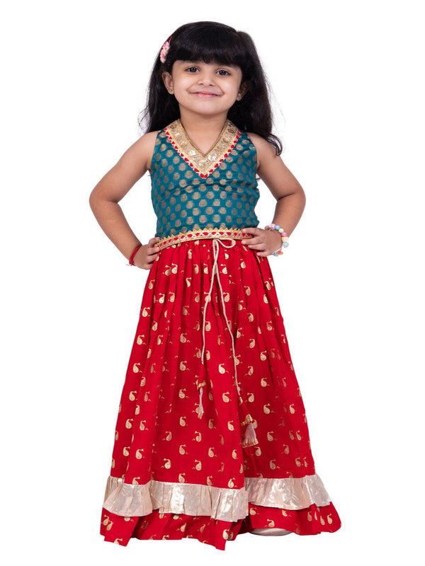 Twisha Girls Brocade sleeveless Embellished Top With Lehenga-RamaGreen & Red