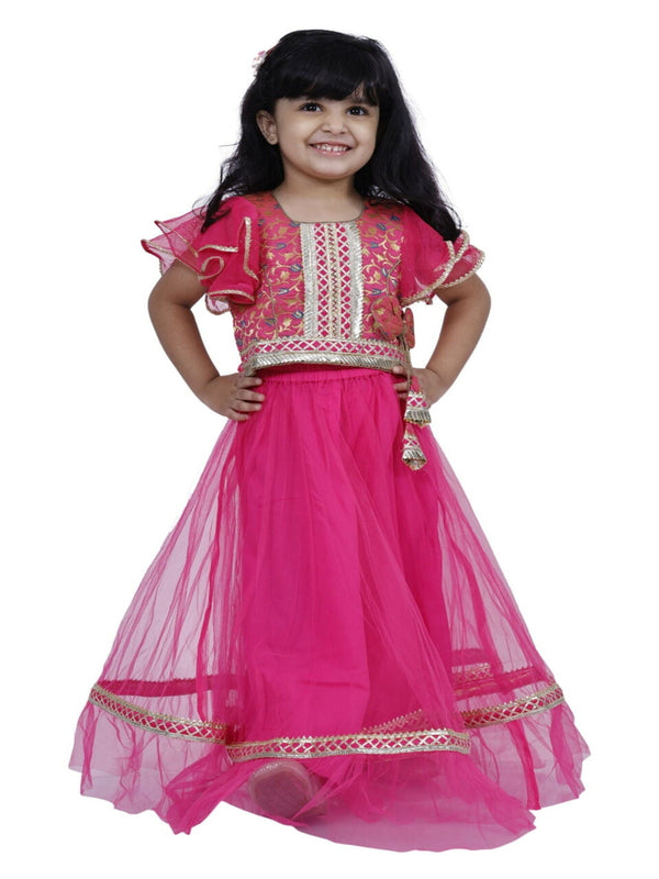 Twisha Girls Brocade Woven Half Sleeves Embellished  Top with Net Lehenga-Pink