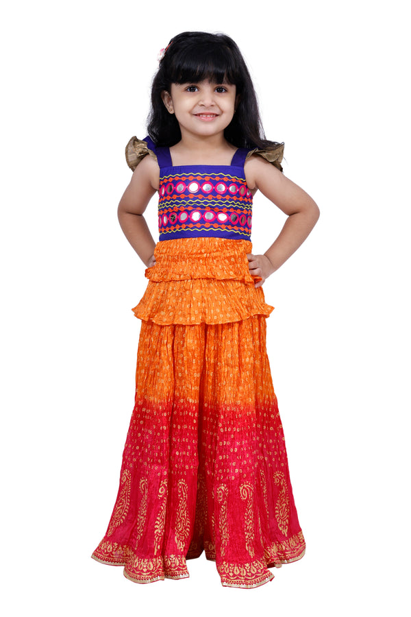 Twisha Girls Woven Sleeveless Mirror Work Top With tie & Dye Lehenga- Orange & Red