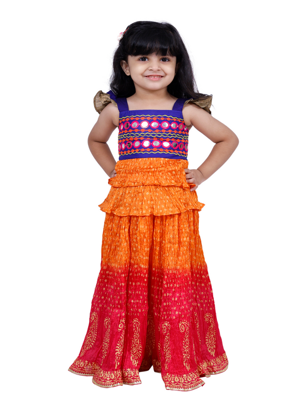 Twisha Girls Woven Sleeveless Mirror Work Top With tie & Dye Lehenga- Orange & Red