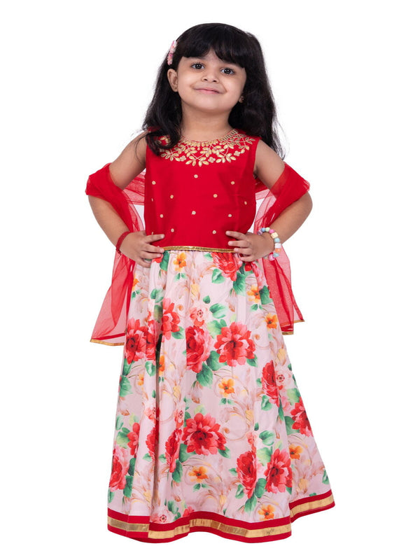 Twisha Girls Sleeveless Embellished Top With Printed Lehenga & Dupatta- Red & White