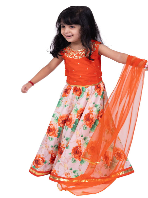 Twisha Girls Sleeveless Embellished Top With Printed Lehenga & Dupatta- Orange & White