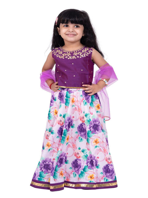 Twisha Girls Sleeveless Embellished Top With Printed Lehenga & Dupatta- Purple & White
