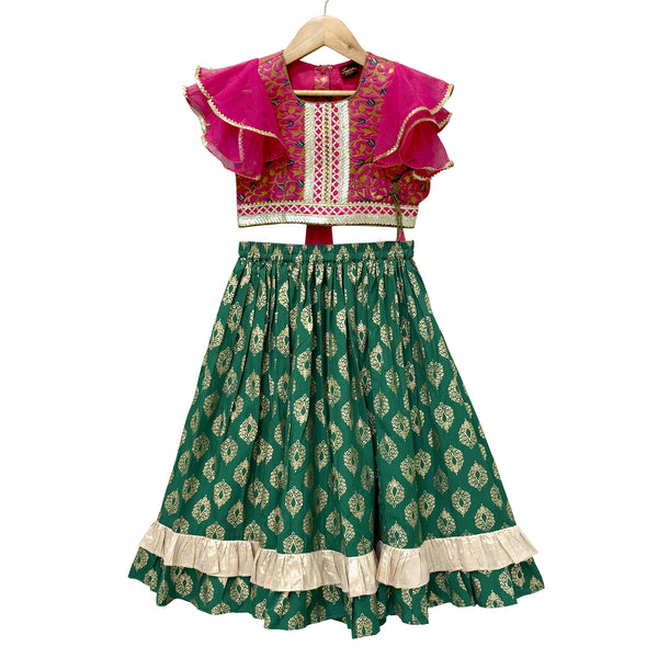 Twisha Girls Woven Brocade Half Sleeves Embellished Top With Printed Lehenga-Pink & Green