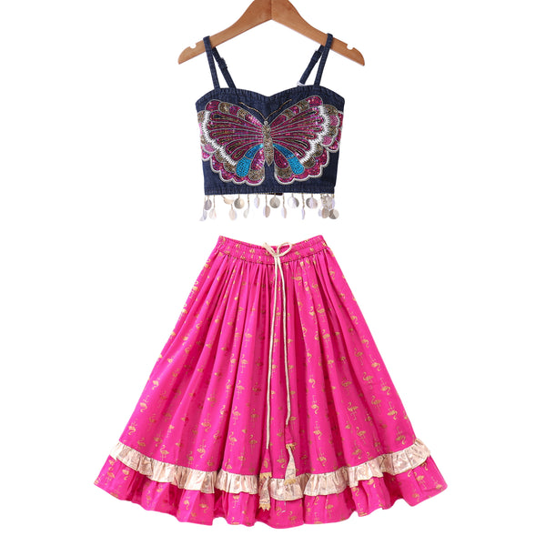 Twisha Woven Denim Sleeveless Placement Embroidered Top With Printed Lehenga-Blue & Pink