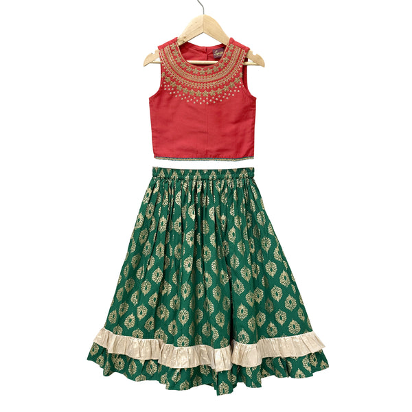 Twisha Woven Sleeveless Placement Embroidered Top With Printed Lehenga-Red & Green