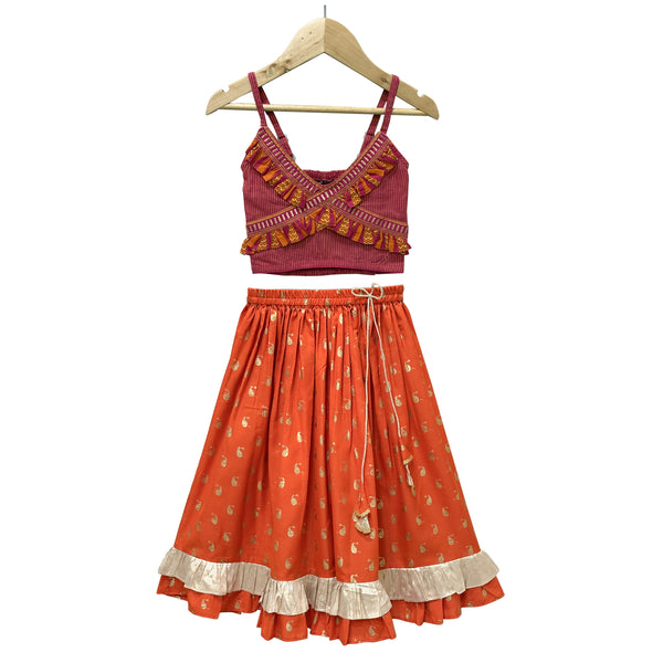 Twisha Woven Cotton Sleeveless Striped Top With Printed Lehenga-Maroon & Orange