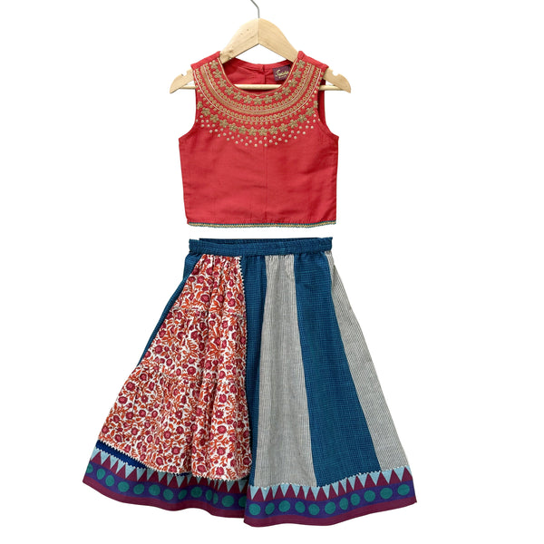 Twisha Woven Sleeveless Embroidered Top With Cotton Printed Lehenga-Red & Blue