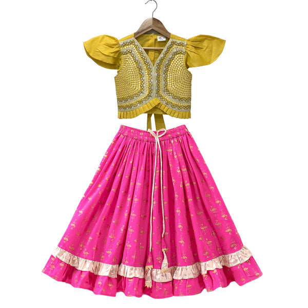 Twisha Woven Half Sleeves Embellished Top With Printed Lehenga-Yellow & Pink