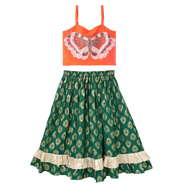 Twisha Woven Sleeveless Placement Embroidered Top With Printed Lehenga-Orange & Green