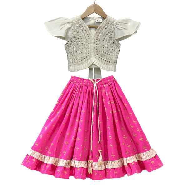 Twisha Woven Half Sleeves Embellished Top With Printed Lehenga-White & Pink