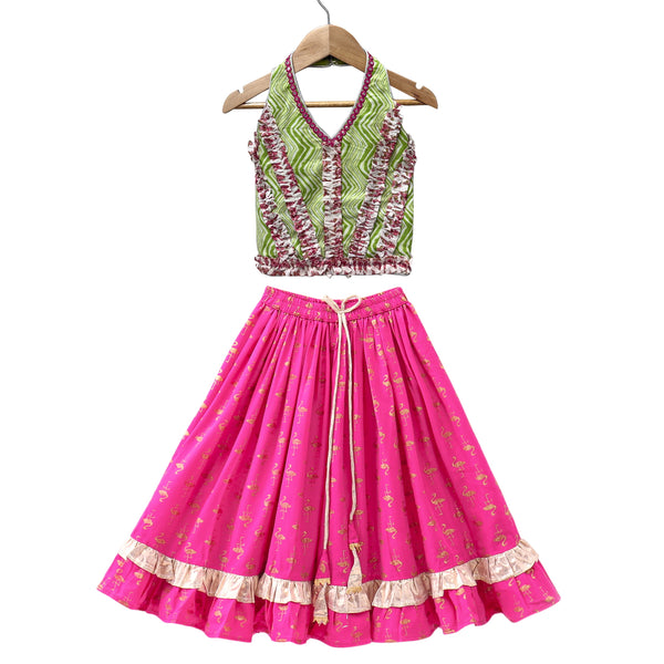 Twisha Woven Cotton Sleeveless Printed Top With Printed Lehenga-Olivegreen & Pink