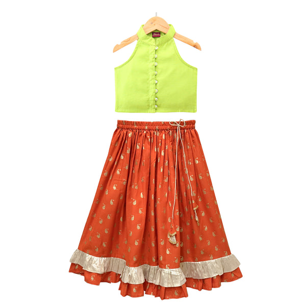 Twisha Woven Chanderi Sleeveless Solid Top With Printed Lehenga-Limegreen & Orange