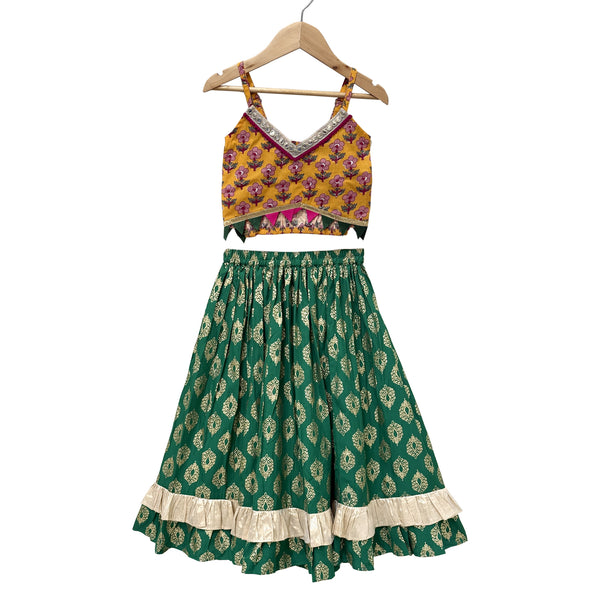 Twisha Woven Cotton Sleeveless Printed Top With Printed Lehenga-Mustard & Green