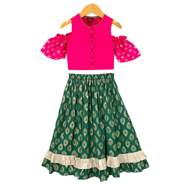 Twisha Woven Half  Sleeves Printed Top With Printed Lehenga-Pink & Green