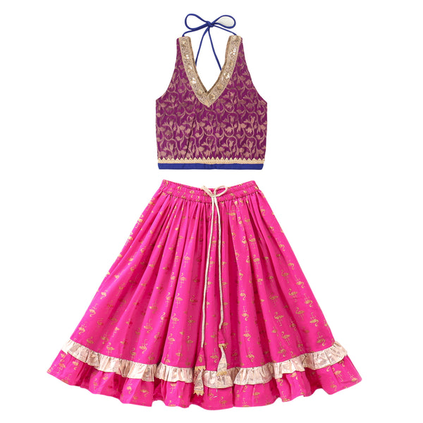 Twisha Woven Brocade Sleeveless Embellished Top With Printed Lehenga-Purple & Pink
