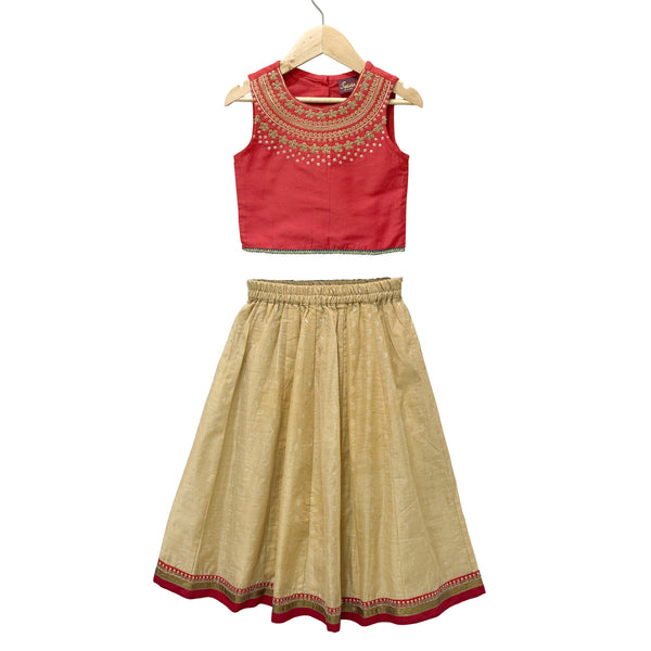 Twisha Woven Sleeveless Embroidered Top With Lehenga-Red & Biege