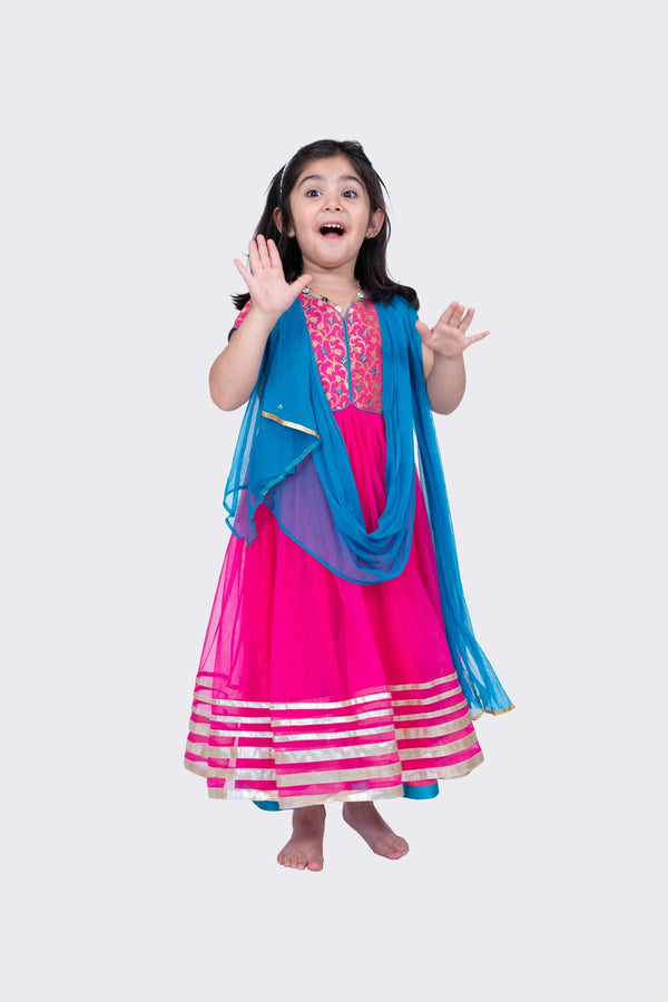 Twisha Girl's Short Sleeves Brocade and Net Gown - Pink