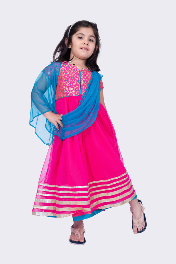 Twisha Girls Short Sleeves Brocade and Net Gown - Pink