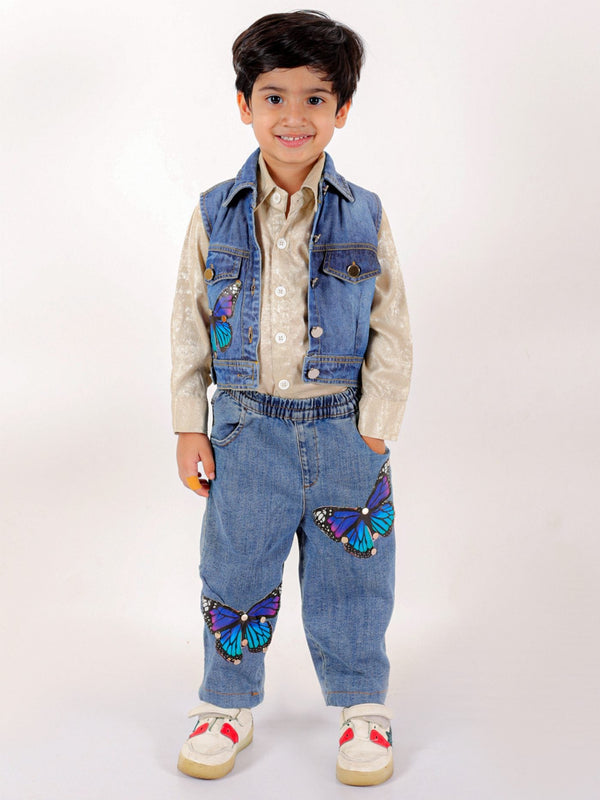 Twisha Boys Long Sleeves Shirt & Denim Jacket With Jeans Embellished With Beautiful Butterfly Appliques - Beige & Blue