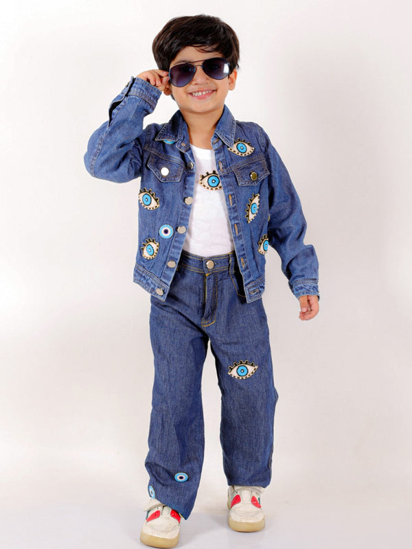 Twisha Boys Long Sleeves Denim Jacket & Jeans Embellished With Evil Eye Appliques - Blue