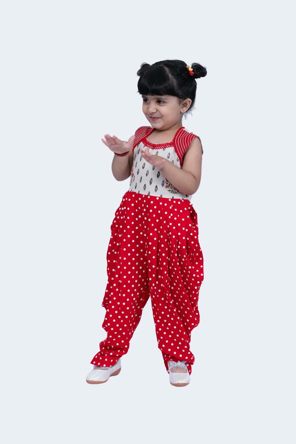 Twisha Girls Jumsuit- Offwhite & Red